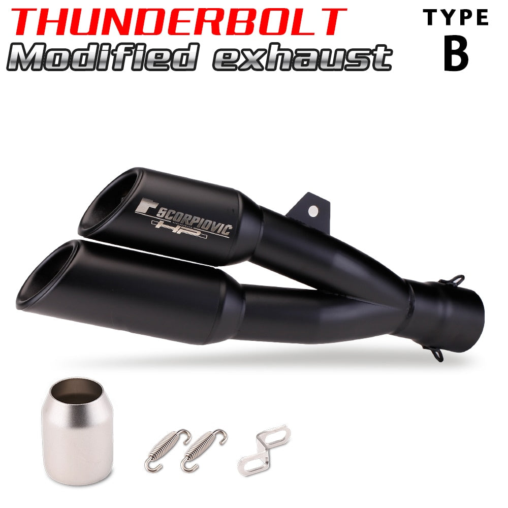 One into Two Thunder Bolt Motorcycle Exhaust Pipe 51mm Muffler Universal Fit Custom Performance Scopiovic
