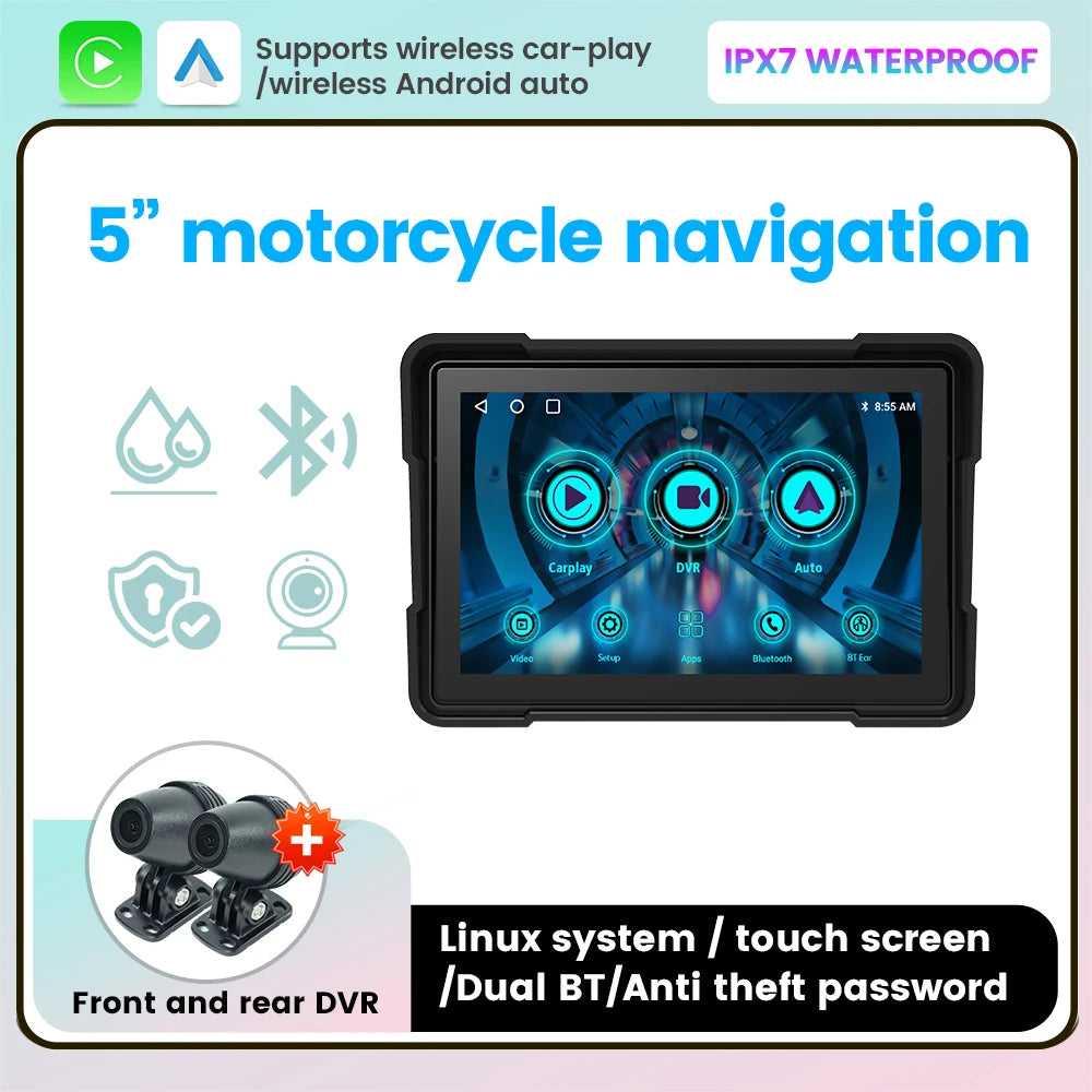 Front & Rear View Motorcycle Camera/Monitor & Apple CarPlay or Android Auto 5 Inch LCD Display IPX7 Waterproof