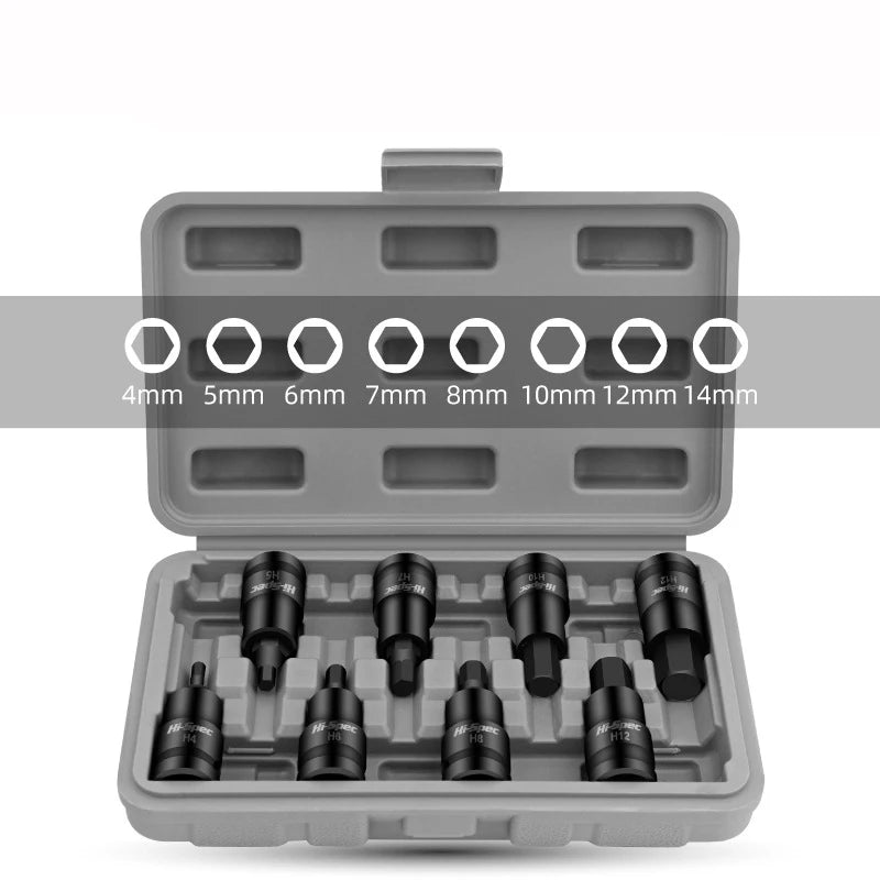 Deep & Short Allen Socket For 1/2 Impact Hex H4-H14 Ratchet Wrench Head 100mm or 4" Long Black