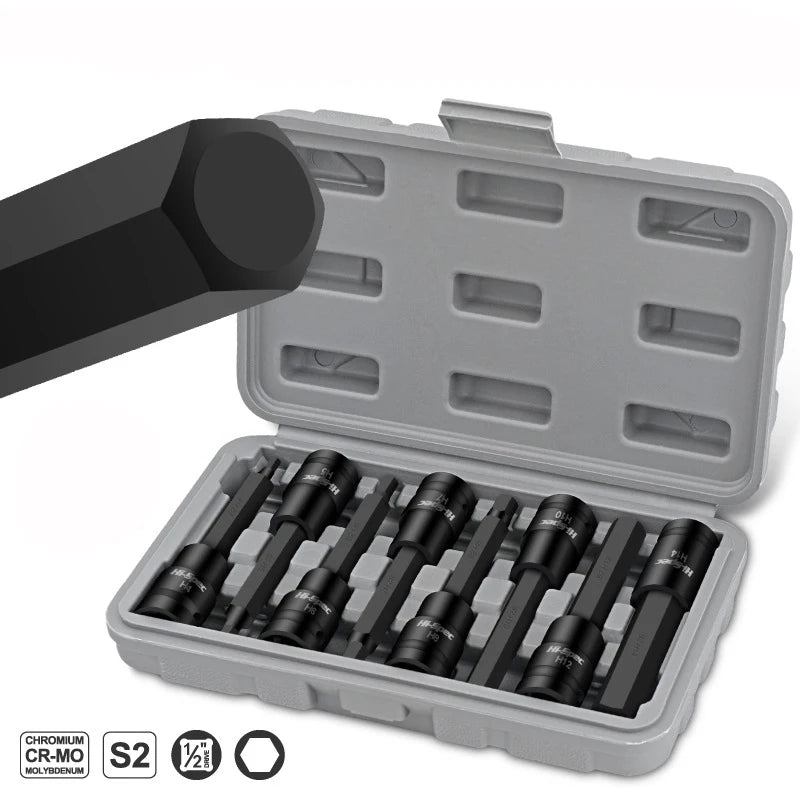 Deep & Short Allen Socket For 1/2 Impact Hex H4-H14 Ratchet Wrench Head 100mm or 4" Long Black