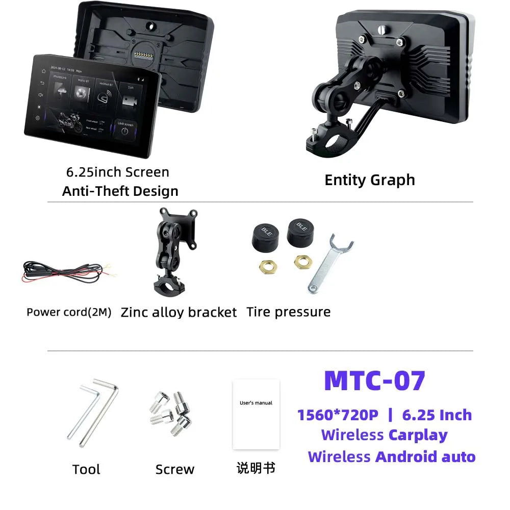 NEW EKIY 6.25" Digital Dashboard Carplay & Android Auto with Optional TPMS & HD Camera System Wireless CarPlay Android Auto GPS Motorcycle Navigation
