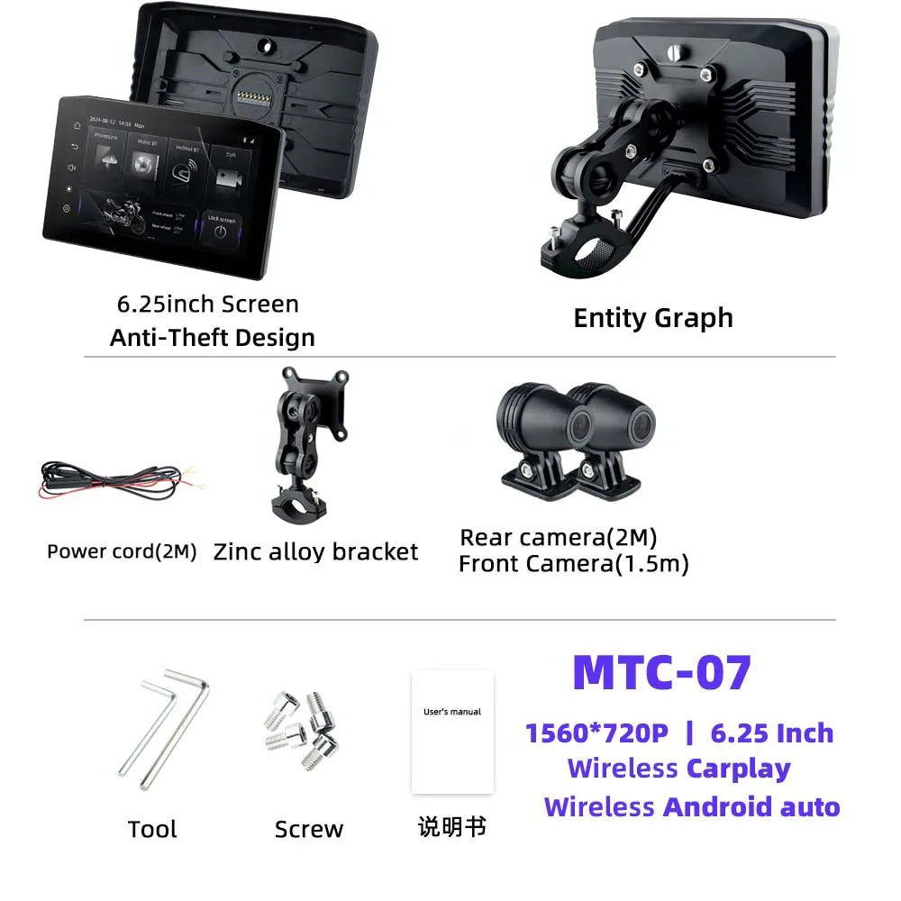NEW EKIY 6.25" Digital Dashboard Carplay & Android Auto with Optional TPMS & HD Camera System Wireless CarPlay Android Auto GPS Motorcycle Navigation
