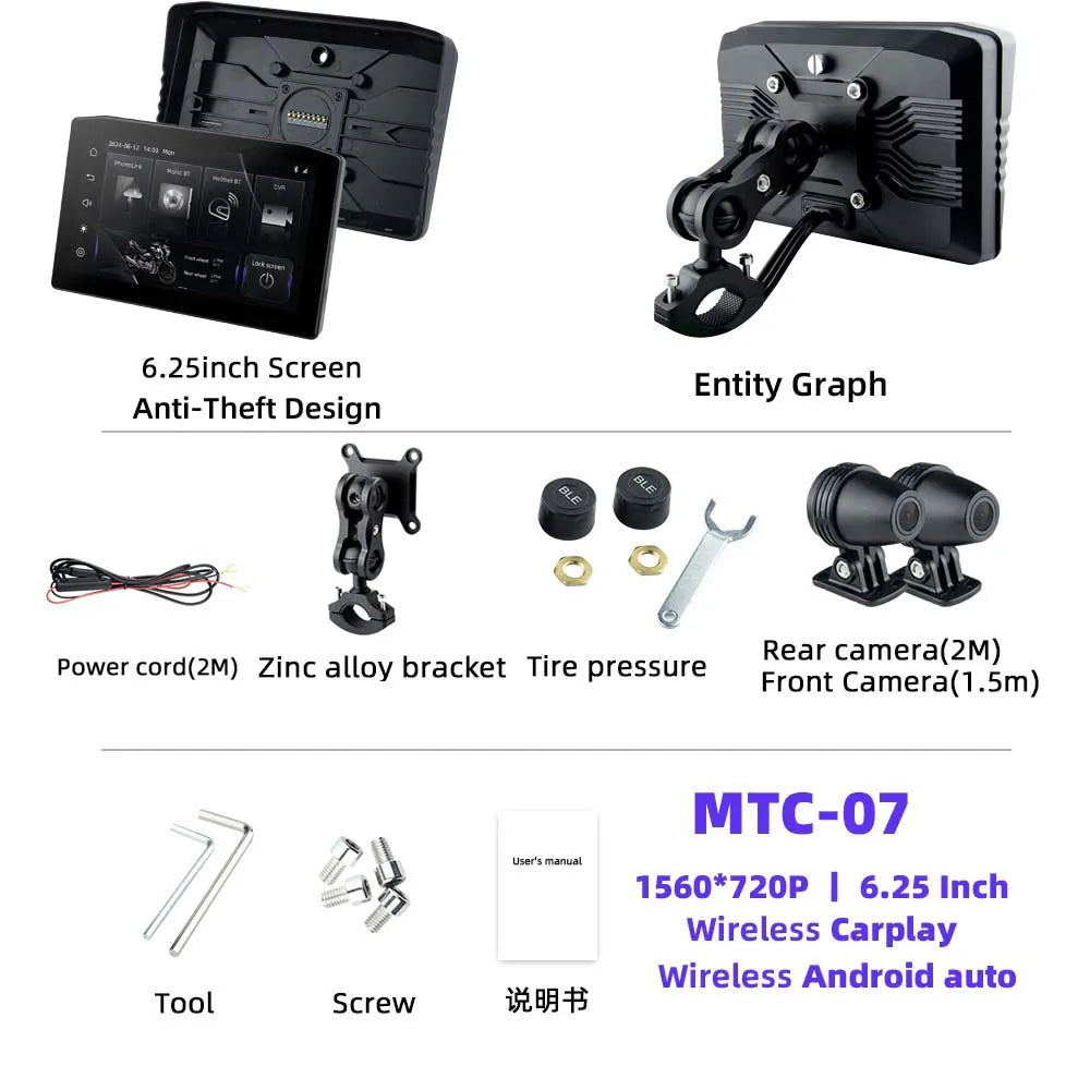 NEW EKIY 6.25" Digital Dashboard Carplay & Android Auto with Optional TPMS & HD Camera System Wireless CarPlay Android Auto GPS Motorcycle Navigation