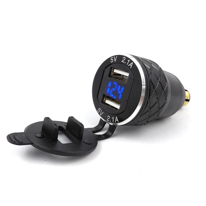 Aluminum Alloy Metal Motorcycle Dual USB Charger 12-24v 4.2A With Voltmeter For DIN Hella/Hermit Power Socket