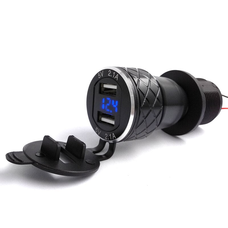 Aluminum Alloy Metal Motorcycle Dual USB Charger 12-24v 4.2A With Voltmeter For DIN Hella/Hermit Power Socket