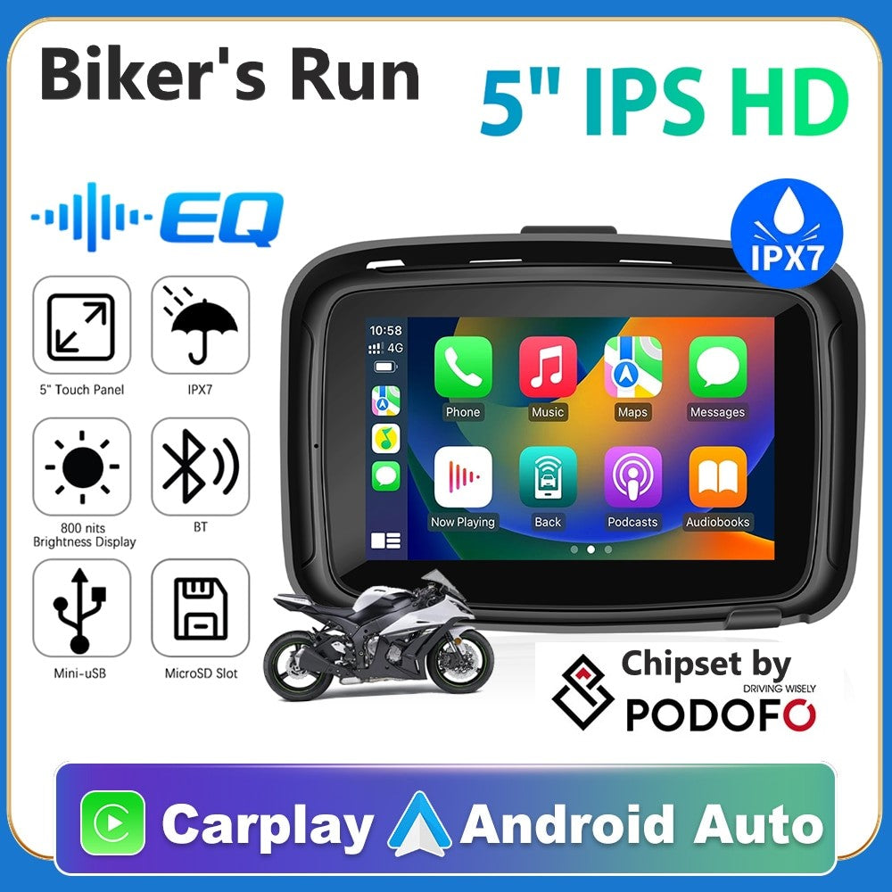 NEW for 2024 6.26" EKIY & Podofo 5 inch Motorcycle/ATV/SxS /Marine Smart Touch Screen/Wireless Apple CarPlay & Android Auto Portable Navigation GPS Screen IPX7 Waterproof Display