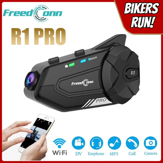 R1 PRO Helmet Group Intercom With Video/Still Camera Bluetooth-Compatible Interphone Intercom Waterproof Motorcycle Helmet Headset 1440P 2K Video WiFi Recorder 6 Rider Interphone