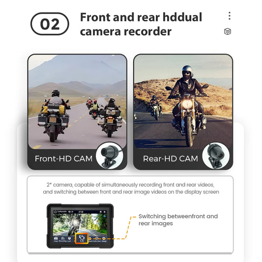 Front & Rear View Motorcycle Camera/Monitor & Apple CarPlay or Android Auto 5 Inch LCD Display IPX7 Waterproof