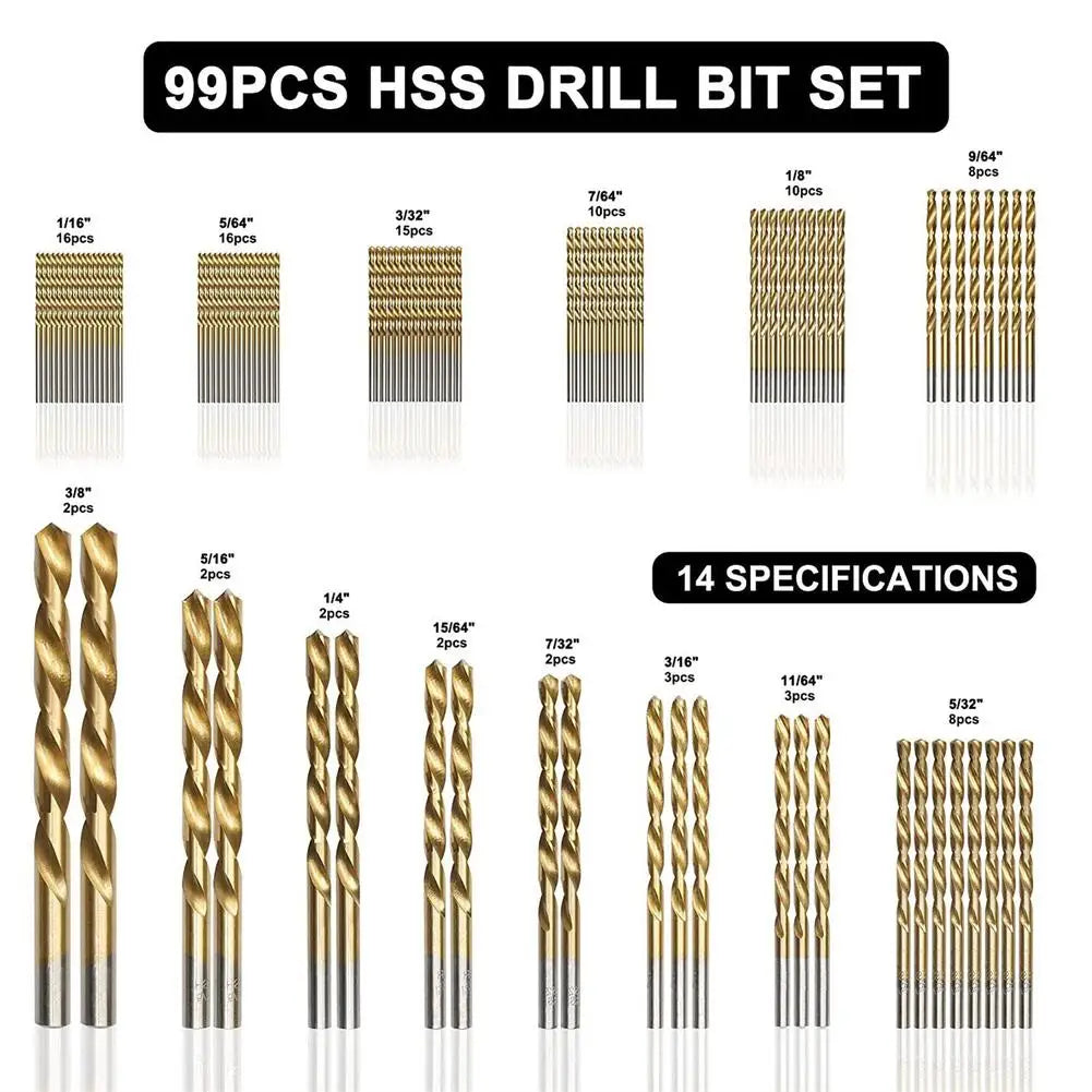 High Speed Drill Bits 99pcs 1.5mm - 10mm Steel Titanium Coated Drill Bit