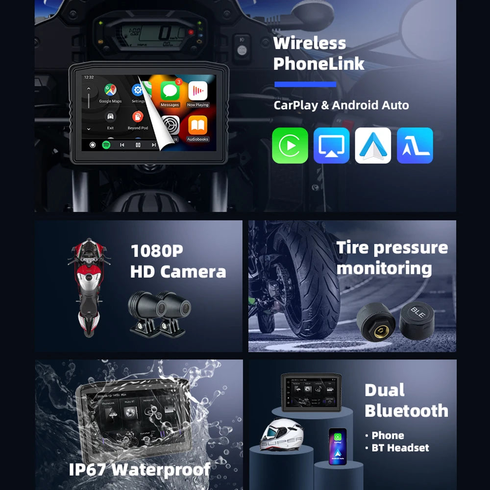 NEW EKIY 6.25" Digital Dashboard Carplay & Android Auto with Optional TPMS & HD Camera System Wireless CarPlay Android Auto GPS Motorcycle Navigation