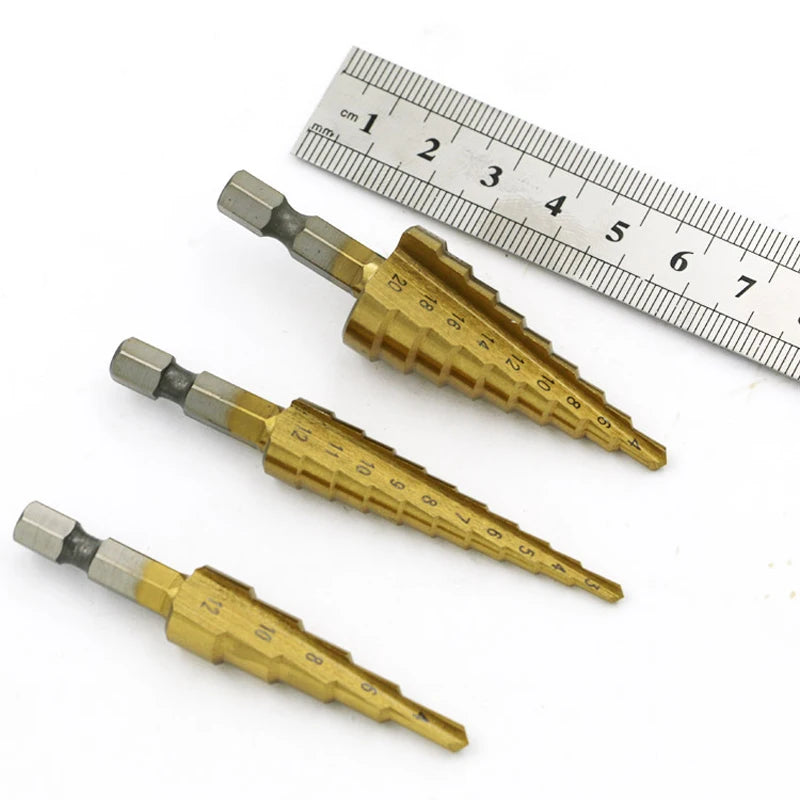 3Pcs 3-20mm Hole Size - High Strength Steel Straight Groove Step Drill Bit Titanium Coated