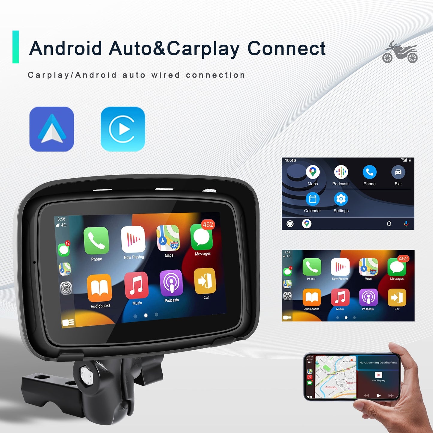 NEW for 2024 6.26" EKIY & Podofo 5 inch Motorcycle/ATV/SxS /Marine Smart Touch Screen/Wireless Apple CarPlay & Android Auto Portable Navigation GPS Screen IPX7 Waterproof Display