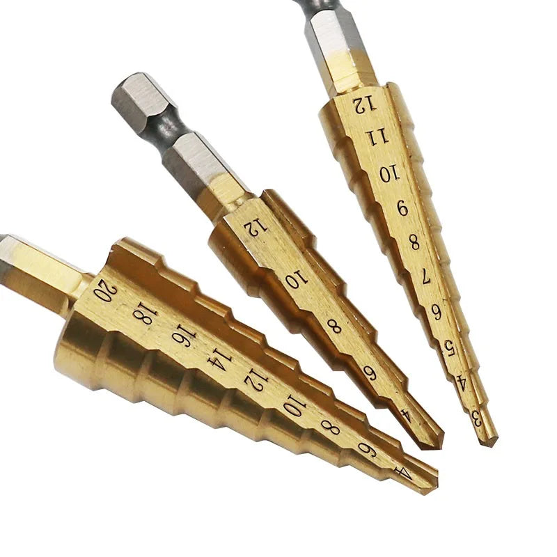 3Pcs 3-20mm Hole Size - High Strength Steel Straight Groove Step Drill Bit Titanium Coated