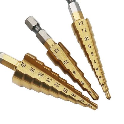 3Pcs 3-20mm Hole Size - High Strength Steel Straight Groove Step Drill Bit Titanium Coated