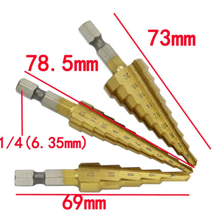 3Pcs 3-20mm Hole Size - High Strength Steel Straight Groove Step Drill Bit Titanium Coated