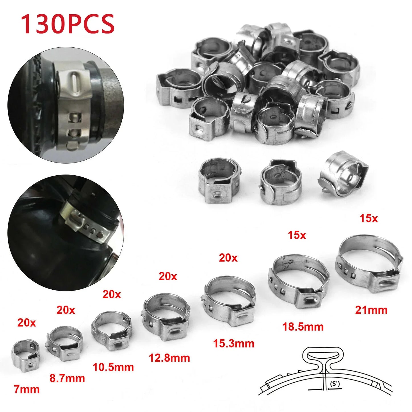 130pcs Stainless Steel Single Ear Stepless Hose Clamps Plus Plier for Crimp Pinch Rings Securing Pipe & Hoses