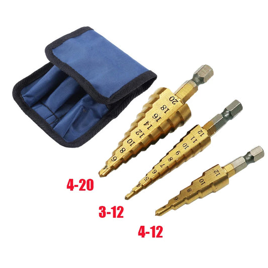 3Pcs 3-20mm Hole Size - High Strength Steel Straight Groove Step Drill Bit Titanium Coated