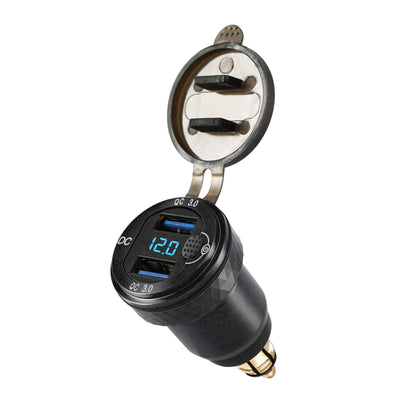 12V DIN Hella/Hermit Mini Plug (BMW/Ducati/Triumph) to Quick Charge 3.0 Dual USB Charger Adapter With Built-in Voltmeter