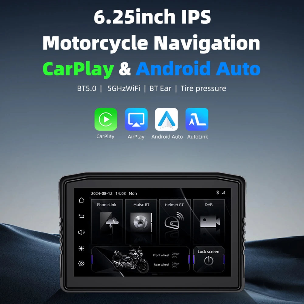 NEW EKIY 6.25" Digital Dashboard Carplay & Android Auto with Optional TPMS & HD Camera System Wireless CarPlay Android Auto GPS Motorcycle Navigation
